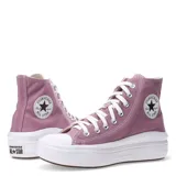 Championes Converse de caña alta color lila, con plataforma blanca y cordones blancos.
