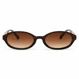 Lentes de sol con armazón ovalado estilo carey (tortoise) en tonos marrones y negros, con detalles metálicos dorados en las patillas y lentes degradados en tono marrón.