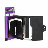 Billetera Baleine Kansas Zipper color negro con tarjetero interior de aluminio en tono violeta. Cuenta con cierre de solapa con broche y diseño compacto.