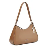 Cartera tipo shoulder bag Guess modelo Layla, color marrón, confeccionada en poliuretano simil cuero. Posee cierre superior, asa de hombro y detalle de llavero decorativo con dijes metálicos colgantes. Incluye el logo de la marca en la parte frontal.