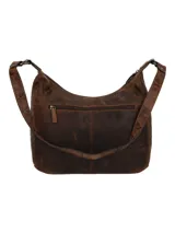 Cartera tipo hobo de cuero natural con acabado envejecido y diseño de relieve floral en los laterales. Cuenta con compartimento principal con cierre, bolsillos interiores y manillas fijas.