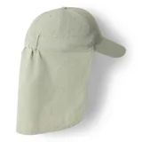 Gorro tipo legionnaire de la marca Columbia, color verde claro, diseñado con tecnología de protección solar UPF 50 y repelente de humedad. Cuenta con una solapa protectora para el cuello y elástico en la parte posterior para un ajuste seguro.