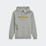 Canguro gris de felpa Converse x Minions, con capucha ajustable, bolsillo tipo canguro y gráficos de tentáculos impresos. Presenta el logotipo de Converse en el pecho con detalles inspirados en los Minions.