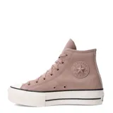 Championes de caña alta Converse modelo Ctas Lift Hi, confeccionados en gamuza color beige. Presentan plataforma de goma blanca con detalles de líneas negras y puntera reforzada.