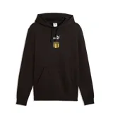 Canguro negro con capucha y cordones ajustables, presenta el logo de Puma y el escudo del Club Atlético Peñarol estampados en el centro del pecho. Cuenta con un bolsillo frontal tipo canguro.