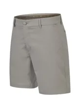 Bermuda gris de poliéster reciclado, de corte regular y tiro medio, con bolsillos laterales y cierre con botón.