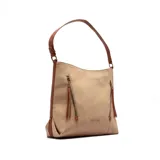 Cartera tipo hobo de cuero sintético color negro, con asa única para llevar al hombro y dos bolsillos frontales con cierre vertical.