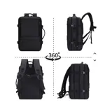 Mochila de viaje de diseño minimalista y funcional, color negro. Cuenta con múltiples compartimentos, incluyendo uno para laptop, puerto USB integrado, correas de compresión laterales, asa de transporte lateral y correas de hombro acolchadas con protección lumbar.