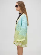 Cardigan de punto con diseño degradé en tonos tierra, patrón de rombos en relieve, cuello en V con cartera de botones y puños con rayas blancas y marrones.