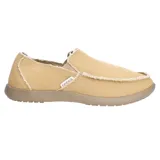 Mocasines tipo slip-on Crocs modelo Santa Cruz, confeccionados en lona color beige con bordes deshilachados y suela de material Croslite™ color marrón.