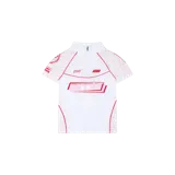 Remera de ciclismo blanca con mangas cortas, cierre frontal parcial en el cuello y detalles en rojo. Cuenta con estampados gráficos de la marca en el frente y mangas.