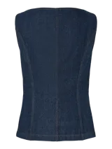 Chaleco de denim azul oscuro con cuello en V y cierre frontal con botones metálicos.