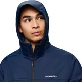 Chaqueta impermeable de hombre, color azul marino, con capucha ajustable, cierre frontal completo, bolsillos laterales con cierre y puños ajustables con velcro. Diseño técnico con tecnología resistente al agua y al viento.