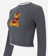 Sweater cropped de punto gris con diseño trenzado, cuello redondo, puños y ruedo con ribetes blancos. Presenta un aplique bordado en el pecho con diseño de osito deportista.