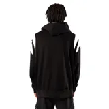 Canguro negro con capucha, corte oversize, mangas largas con franjas blancas y logo estampado en el pecho.