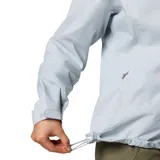 Campera impermeable Columbia modelo Arcadia II, color gris claro, con capucha ajustable, cierre frontal con solapa, bolsillos laterales con cremallera y tecnología Omni-Tech transpirable.