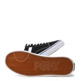 Championes unisex de lona, color negro, con detalles de costura y logo lateral en forma de 'V' en color blanco. Suela de goma blanca gruesa.