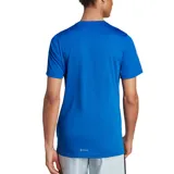 Remera deportiva Adidas Own The Run, color azul con logo blanco y tres tiras blancas en las mangas.