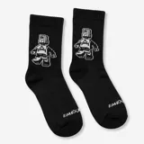 Medias negras con diseño tejido en blanco de un personaje pixelado tipo robot y la inscripción de la marca en el empeine.