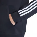 Canguro Adidas de color negro con capucha ajustable con cordón, bolsillo tipo canguro al frente, las clásicas tres tiras blancas en las mangas y el logo del trifolio bordado en el pecho.