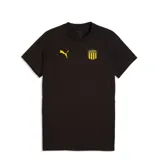 Remera deportiva de manga corta Puma modelo Peñarol Evostripe, color negro con el logo de la marca en amarillo a la derecha y el escudo del Club Atlético Peñarol a la izquierda.