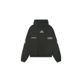 Hoodie oversize verde oscuro con capucha, bolsillo canguro frontal y estampados gráficos en contraste color blanco en el pecho y las mangas.