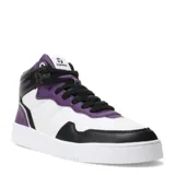 Championes de corte alto tipo botita marca Topper, con diseño tricolor en blanco, negro y violeta. Presentan cierre con cordones negros, suela de goma blanca y detalles de marca en la lengüeta y el lateral.