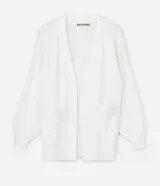 Cardigan abierto de punto color blanco, con mangas largas abullonadas, bolsillos delanteros y diseño alargado.