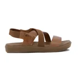 Sandalia de cuero marrón para mujer, con tiras cruzadas y elásticas, suela plana sintética y tira trasera con ajuste elástico.