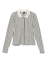 Cardigan de manga larga con cuello camisero y cierre frontal de botones. Presenta un diseño de rayas verticales en contraste y está confeccionado en un tejido con mezcla de poliéster, viscosa y elastano.