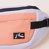 Riñonera Rusty color lila y naranja, con correa ajustable y logo estampado.