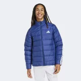 Campera acolchada de corte clásico en color azul, con cierre frontal completo y cuello alto. Presenta el logo de Adidas en el pecho y las icónicas tres tiras blancas en las mangas. Cuenta con tecnología Climawarm para aislamiento térmico y puños elásticos.