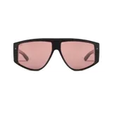 Lentes de sol Vulk modelo Foolin, con montura negra y lentes color rosa.