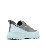 Championes de senderismo Columbia modelo Tellurix Titanium Omni-Max para mujer, en color gris con suela y detalles en celeste. Confeccionados con malla técnica impermeable y transpirable OutDry, sistema de sujeción NAVIC FIT y suela Vibram con tacos para mayor tracción en terrenos difíciles.