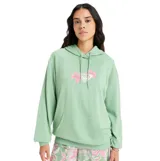 Canguro de algodón color verde con capucha y cordones ajustables. Presenta un estampado frontal con flores de hibisco rosadas y el logo de la marca en el centro, además de un bolsillo tipo canguro en la parte inferior.