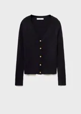 Cardigan negro de tejido de punto fino y canalé, con escote en V, manga larga y cierre frontal de botones dorados.