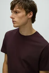 Remera de hombre de corte slim fit, color bordó, con cuello redondo y mangas cortas.