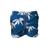 Short de baño azul con estampado de hojas de palmera y puesta de sol.