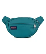 Riñonera JanSport modelo Fifth Avenue, color verde azulado, con compartimento principal con cierre y parche de la marca en el frente.