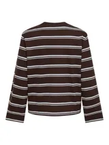 Top de manga larga con diseño a rayas horizontales en color marrón y blanco, cuello redondo y corte holgado.