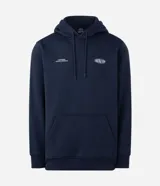 Hoodie azul marino de algodón con felpa y capucha ajustable con cordón. Presenta bolsillo tipo canguro, puños y dobladillo acanalados, y estampa lettering frontal con la leyenda "Coastal Flow".