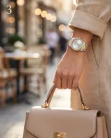 Reloj analógico de pulsera con movimiento de cuarzo japonés, caja de metal y malla de eslabones combinada en tonos plateado y dorado. Presenta un bisel decorado con cristales y esfera minimalista con índices.