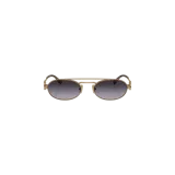 Lentes de sol Miu Miu modelo Geometric Oval, con armazón metálico dorado de doble puente y formato ovalado. Presentan cristales degradados en tono gris y detalles carey en las patillas.