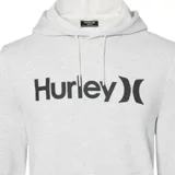 Canguro Hurley de color negro con capucha y cordones ajustables. Presenta el logo de la marca estampado en el pecho en tono gris oscuro y un bolsillo frontal tipo canguro.