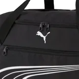 Bolso deportivo Puma Fundamental Sport, color negro con detalles en blanco, correas de mano y bolsillo lateral de red.