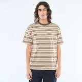 Remera de manga corta con diseño de rayas horizontales en tonos beige, marrón y celeste, cuello redondo en color marrón oscuro y corte estándar.