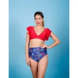 Bombacha de bikini tiro alto azul con estampado tropical de hojas en tonos rojos y celestes.