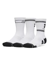 Pack de tres pares de medias deportivas blancas con detalles en negro, puntera y talón negros, y líneas horizontales con logo de la marca.