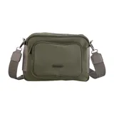 Bandolera pequeña de lona color verde militar, con bolsillo frontal con cierre y correa ancha ajustable con la marca tejida en gris.