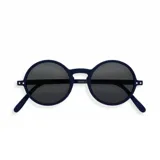 Lentes de sol redondos con montura azul marino y cristales negros.